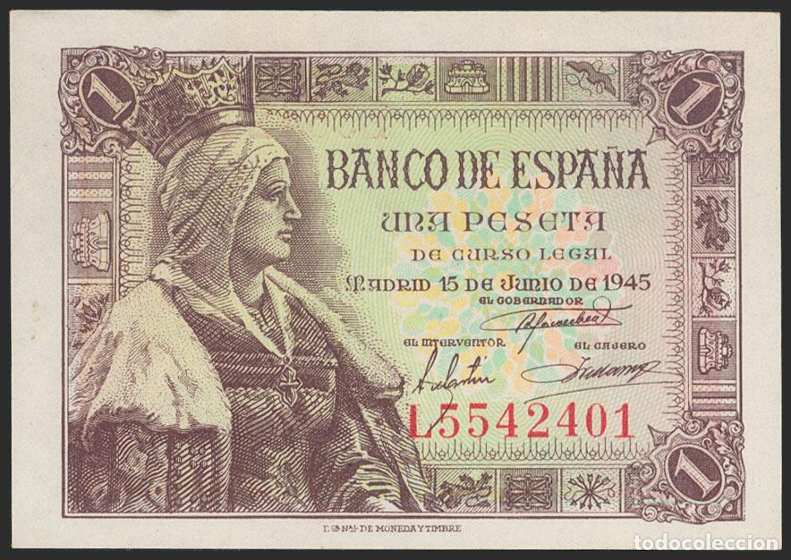 Notas espanholas: 1 Peseta. 15 de Junio de 1945. Serie L. (Edifil 2021: 448a). Apresto original. SC-.. 1 Peseta. 15 de