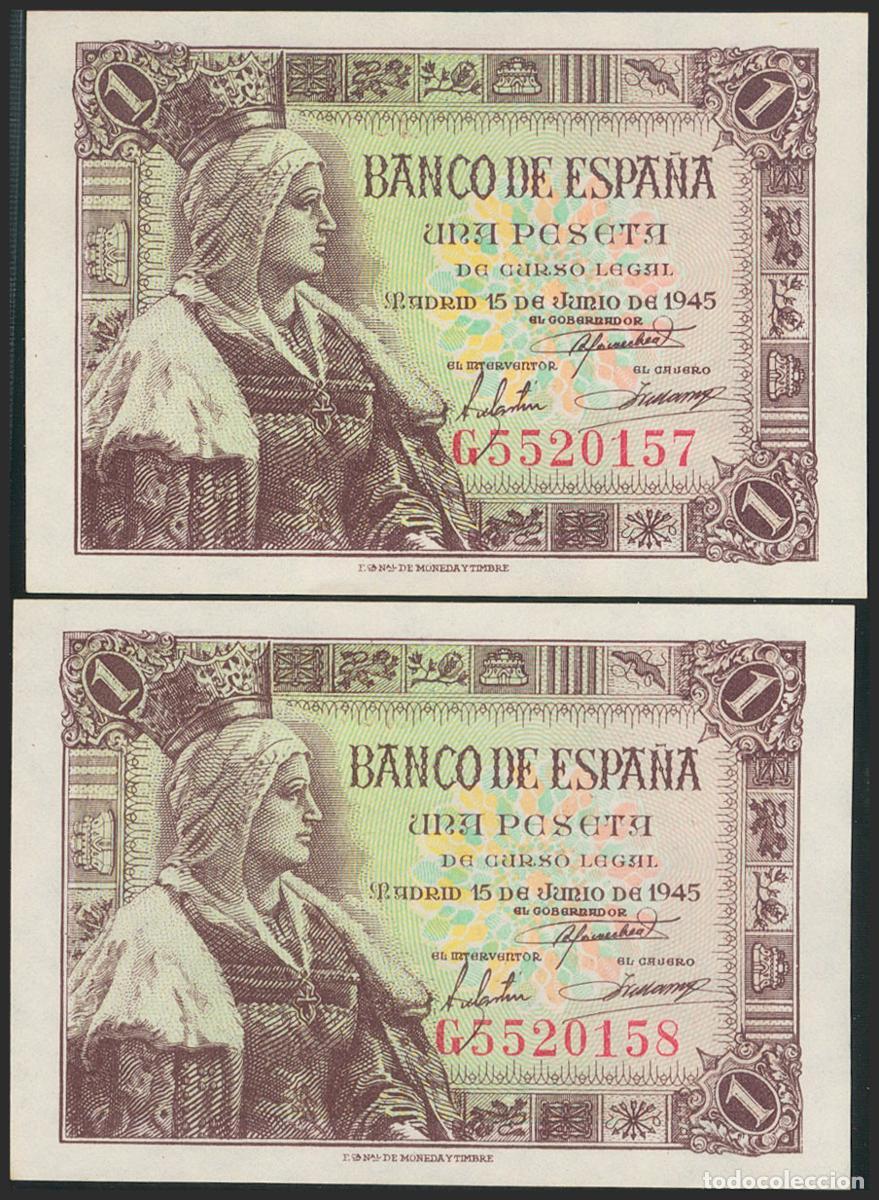 Notas espanholas: 1 Peseta. 15 de Junio de 1945. Pareja correlativa. Serie G. (Edifil 2021: 448a). Apresto original. S