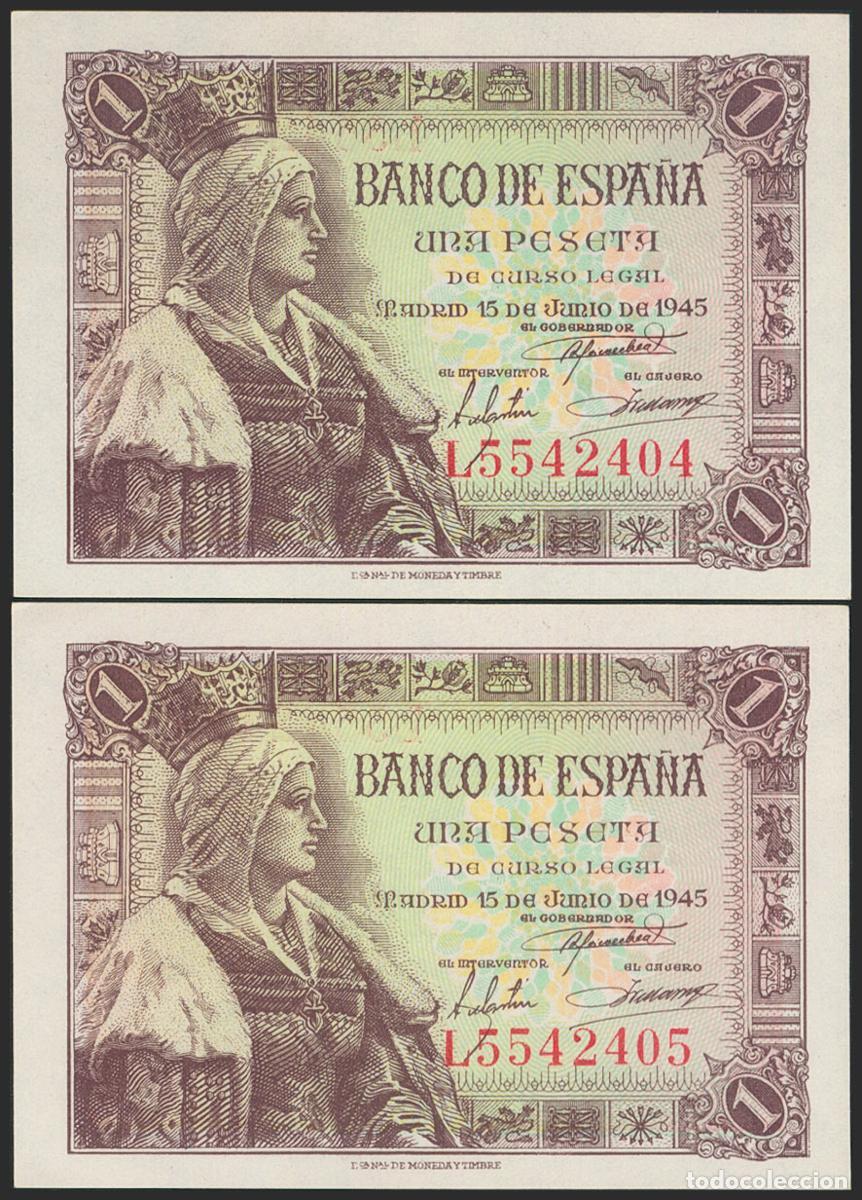 Notas espanholas: 1 Peseta. 15 de Junio de 1945. Pareja correlativa. Serie L. (Edifil 2021: 448a). Apresto original. S
