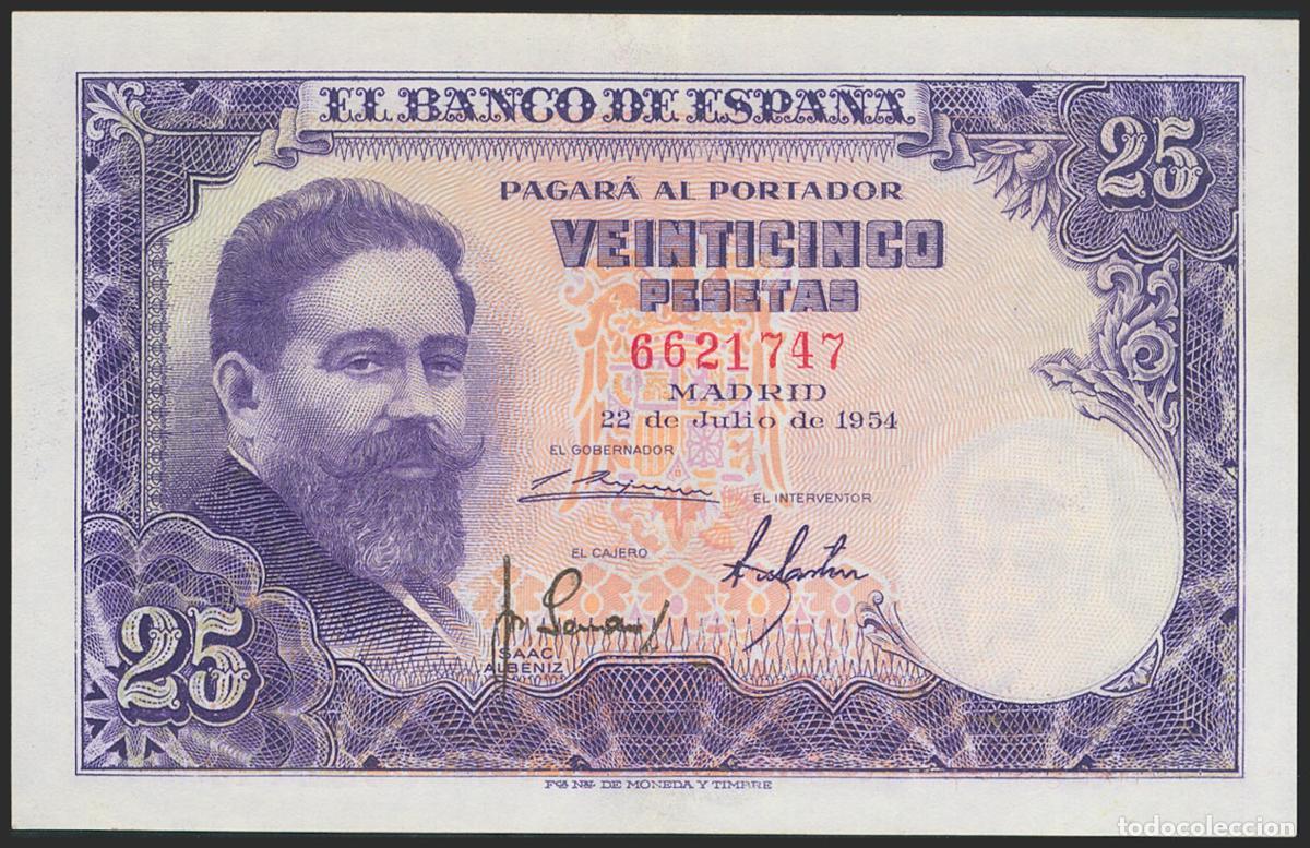 Notas espanholas: 25 Pesetas. 22 de Julio de 1954. Sin serie. (Edifil 2021: 467). Conserva gran parte del apresto orig