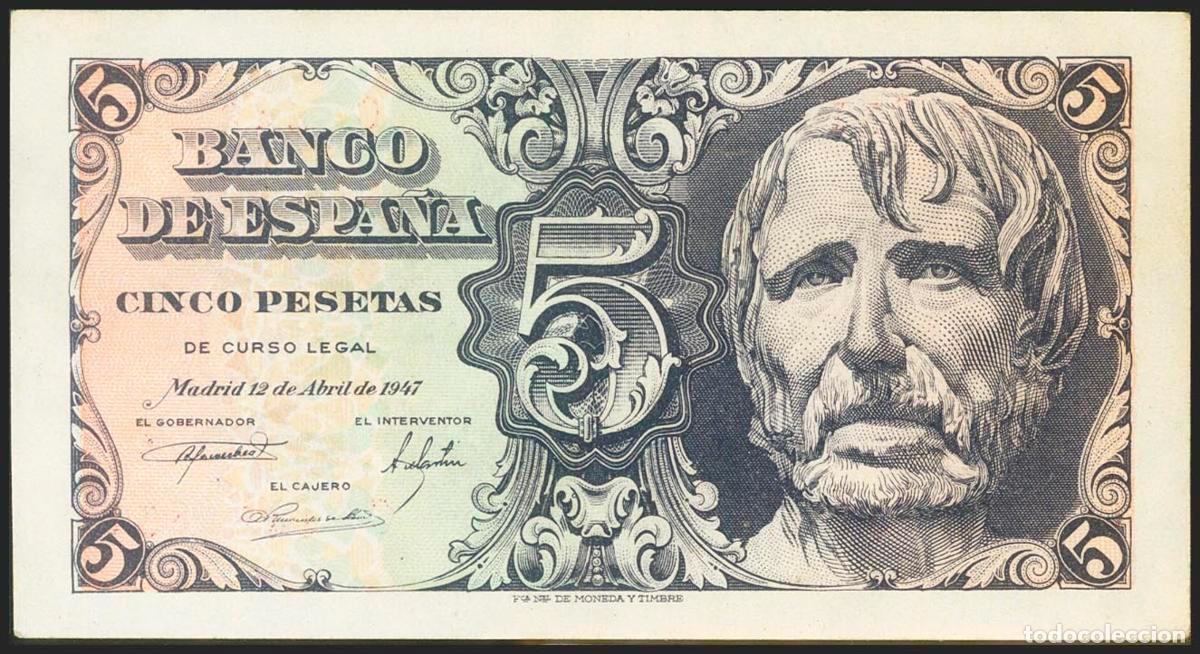 Notas espanholas: 5 Pesetas. 12 de Abril de 1947. Serie C. (Edifil 2021: 454a). Manchitas del tiempo y apresto origina