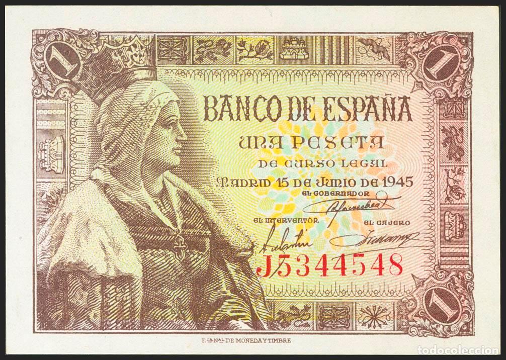 Notas espanholas: 1 Peseta. 15 de Junio de 1945. Serie J. (Edifil 2021: 448a). Apresto original. SC-.. 1 Peseta. 15 de