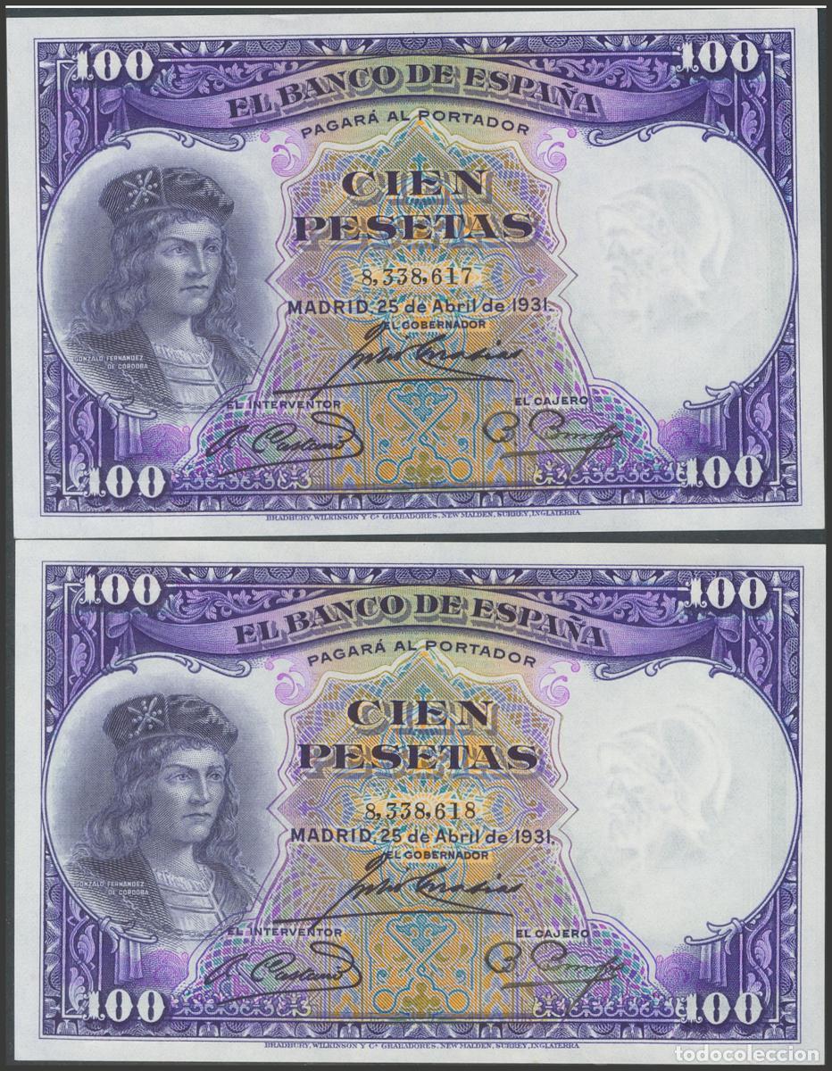 Notas espanholas: 100 Pesetas. 25 de Abril de 1931. Pareja correlativa. Sin serie. (Edifil 2017: 360). Conserva todo s