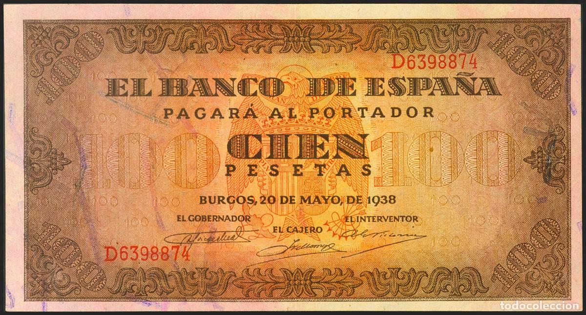 Notas espanholas: 100 Pesetas. 20 de Mayo de 1938. Serie D. (Edifil 2021: 432a). Conserva gran parte de su apresto ori