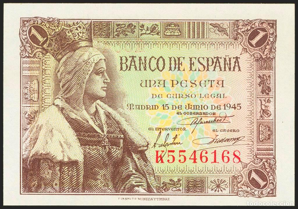 Notas espanholas: 1 Peseta. 15 de Junio de 1945. Serie K. (Edifil 2021: 448a). Apresto original. SC.. 1 Peseta. 15 de