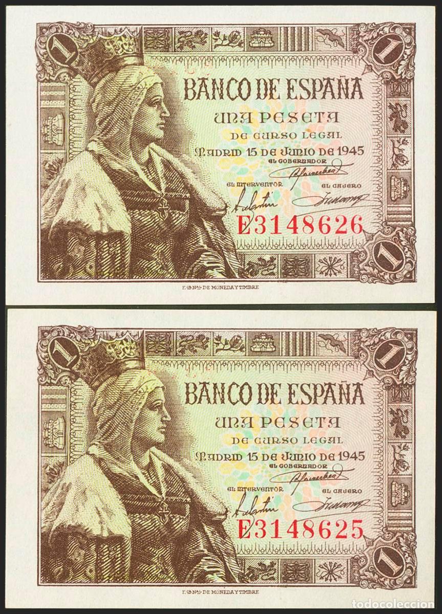 Notas espanholas: 1 Peseta. 15 de Junio de 1945. Pareja correlativa. Serie E. (Edifil 2021: 448a). Apresto original. S