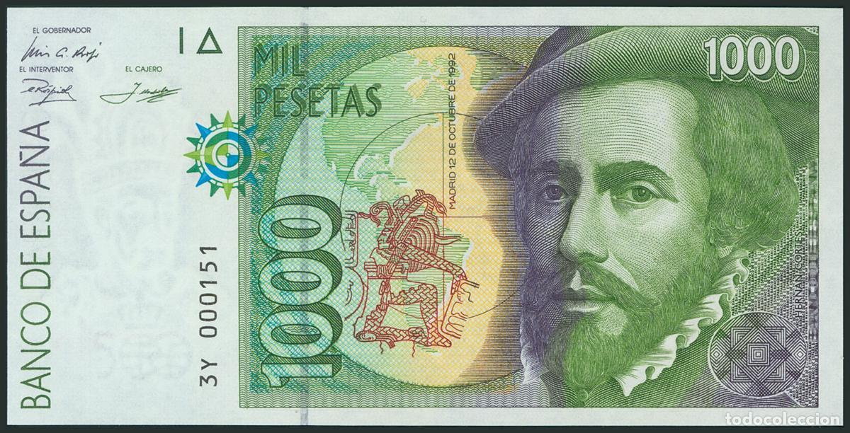 Notas espanholas: 1000 Pesetas. 12 de Octubre de 1992. Tipo II. Serie 3Y y numeraci&oacute;n baja y capic&uacute;a. (Edifil 2017: 48