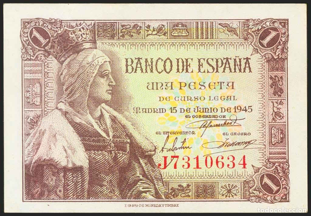 Banconote spagnole: 1 Peseta. 15 de Junio de 1945. Serie J. (Edifil 2021: 448a). Apresto original. SC-.. 1 Peseta. 15 de