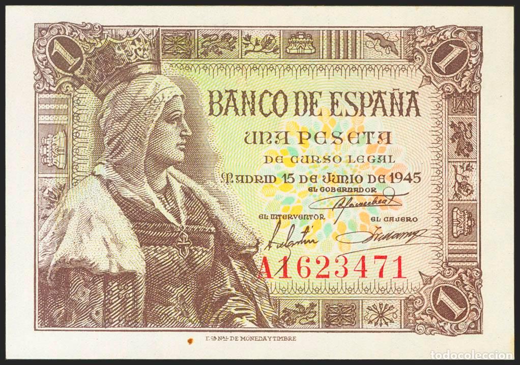 Banconote spagnole: 1 Peseta. 15 de Junio de 1945. Serie A. (Edifil 2021: 448a). Apresto original. SC-.. 1 Peseta. 15 de