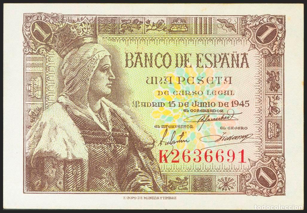 Banconote spagnole: 1 Peseta. 15 de Junio de 1945. Serie K. (Edifil 2021: 448a). Apresto original. SC-.. 1 Peseta. 15 de