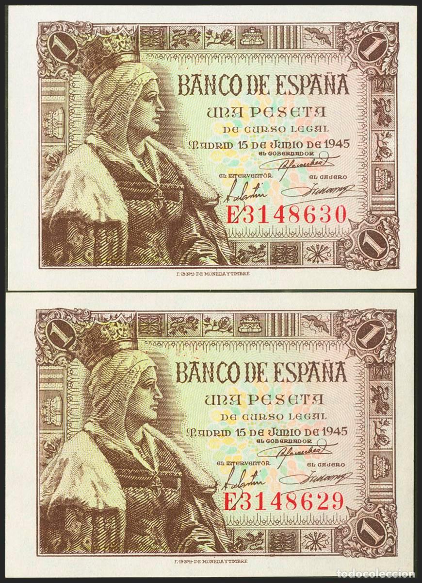 Banconote spagnole: 1 Peseta. 15 de Junio de 1945. Pareja correlativa. Serie E. (Edifil 2021: 448a). Apresto original. S