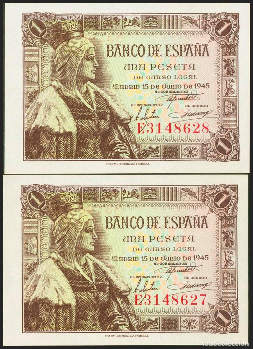 Banconote spagnole: 1 Peseta. 15 de Junio de 1945. Pareja correlativa. Serie E. (Edifil 2021: 448a). Apresto original. S