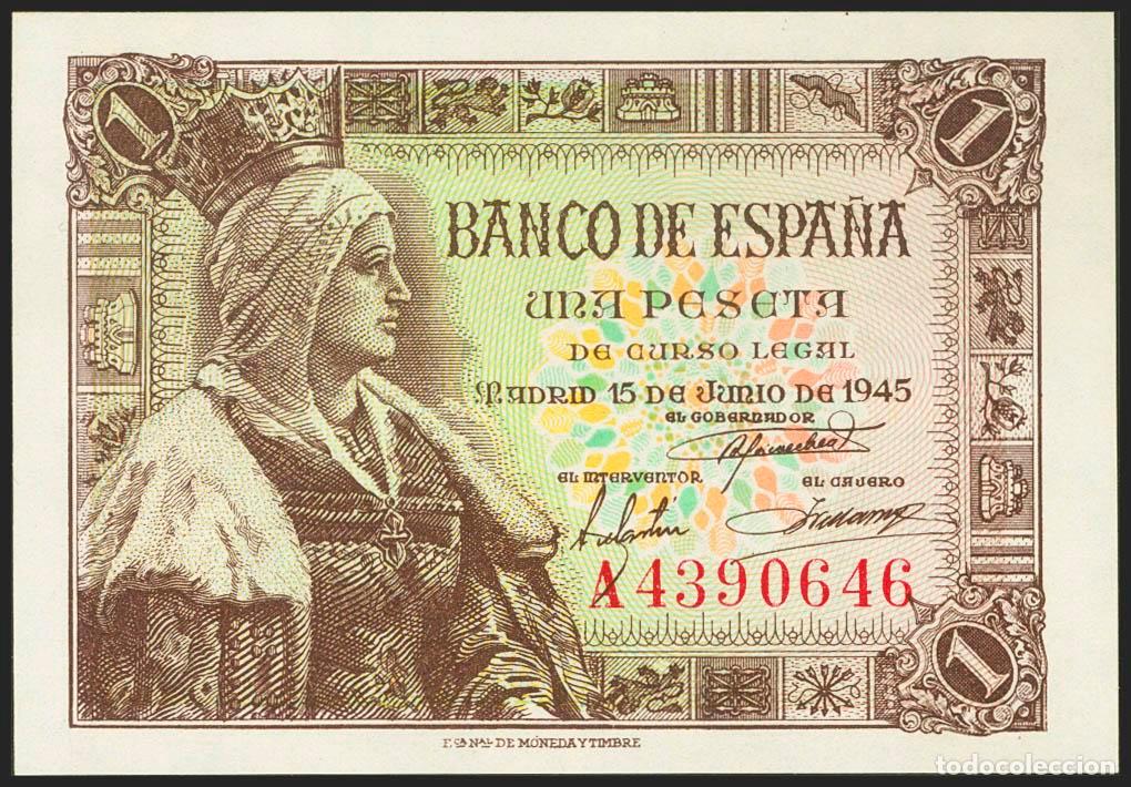 Banconote spagnole: 1 Peseta. 15 de Junio de 1945. Serie A. (Edifil 2021: 448a). Apresto original. SC.. 1 Peseta. 15 de