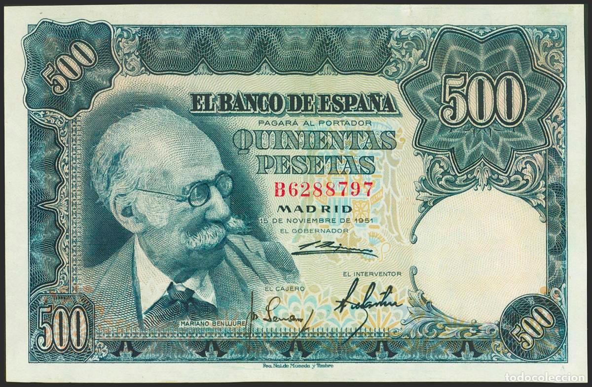 Banconote spagnole: 500 Pesetas. 15 de Noviembre de 1951. Serie B. (Edifil 2021: 460a). Conserva todo su apresto origina