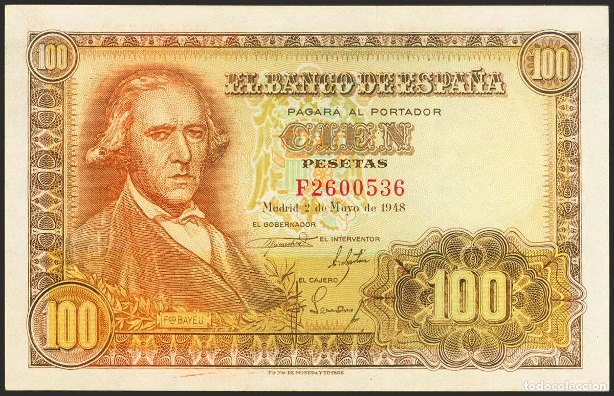Banconote spagnole: 100 Pesetas. 2 de Mayo de 1948. Serie F. (Edifil 2023: 456a). Conserva gran parte del apresto origin