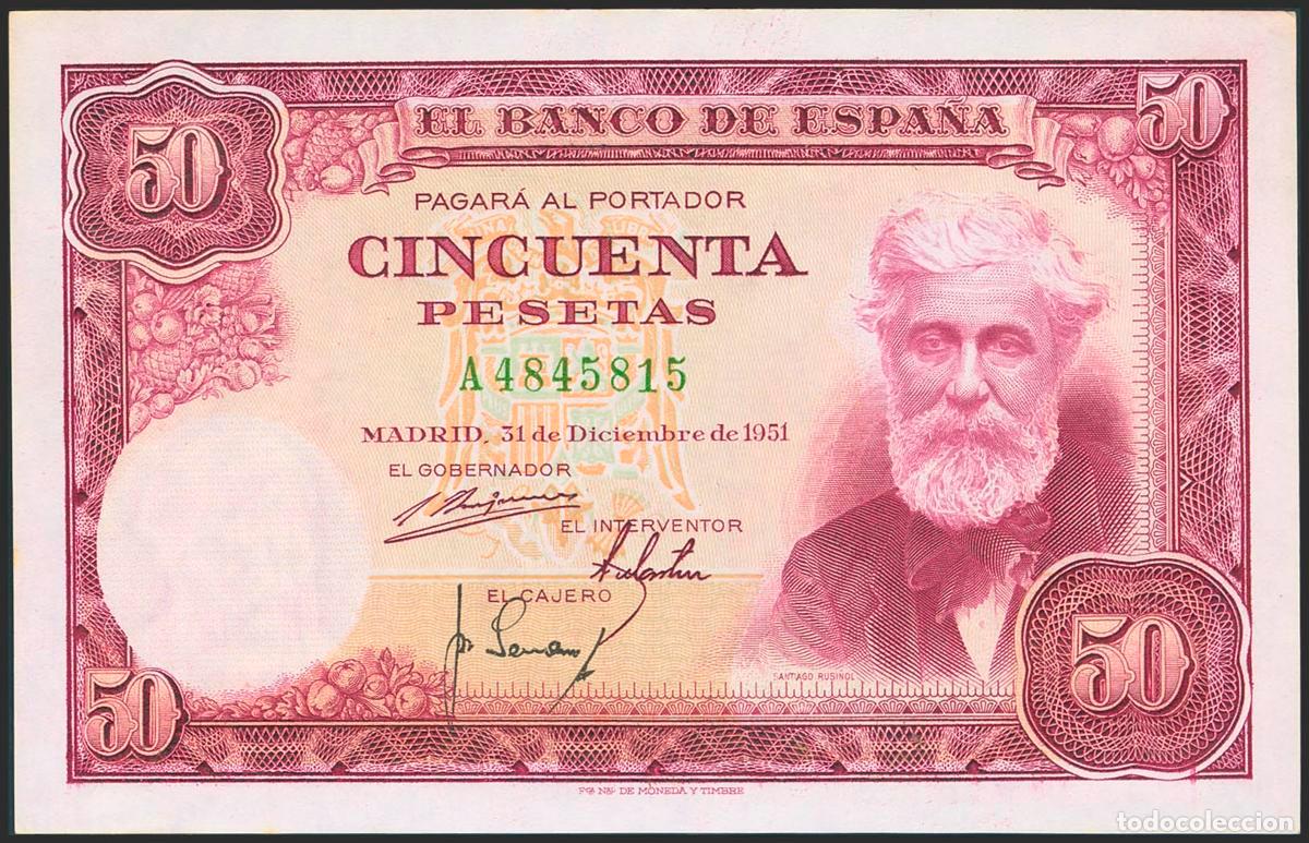 Banconote spagnole: 50 Pesetas. 31 de Diciembre de 1951. Serie A. (Edifil 2023: 462a). Conserva todo su apresto original