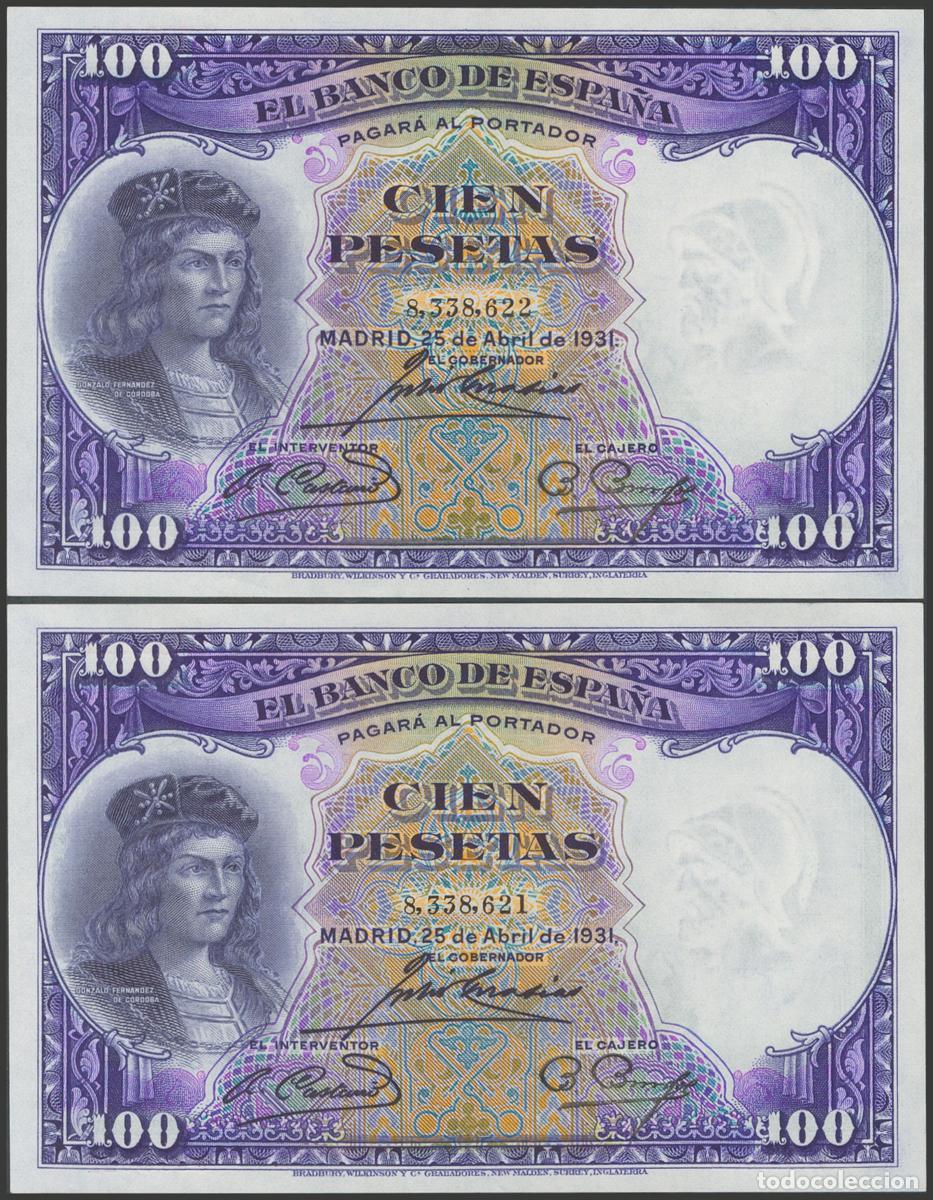 Notas espanholas: 100 Pesetas. 25 de Abril de 1931. Pareja correlativa. Sin serie. (Edifil 2017: 360). Conserva todo s