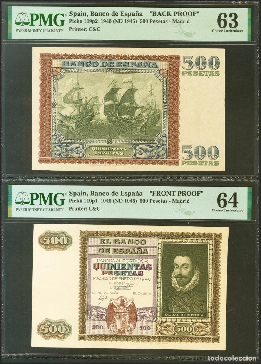 Notas espanholas: Conjunto de las pruebas de anverso y reverso del billete de 500 Pesetas emitido el 9 de Enero de 194