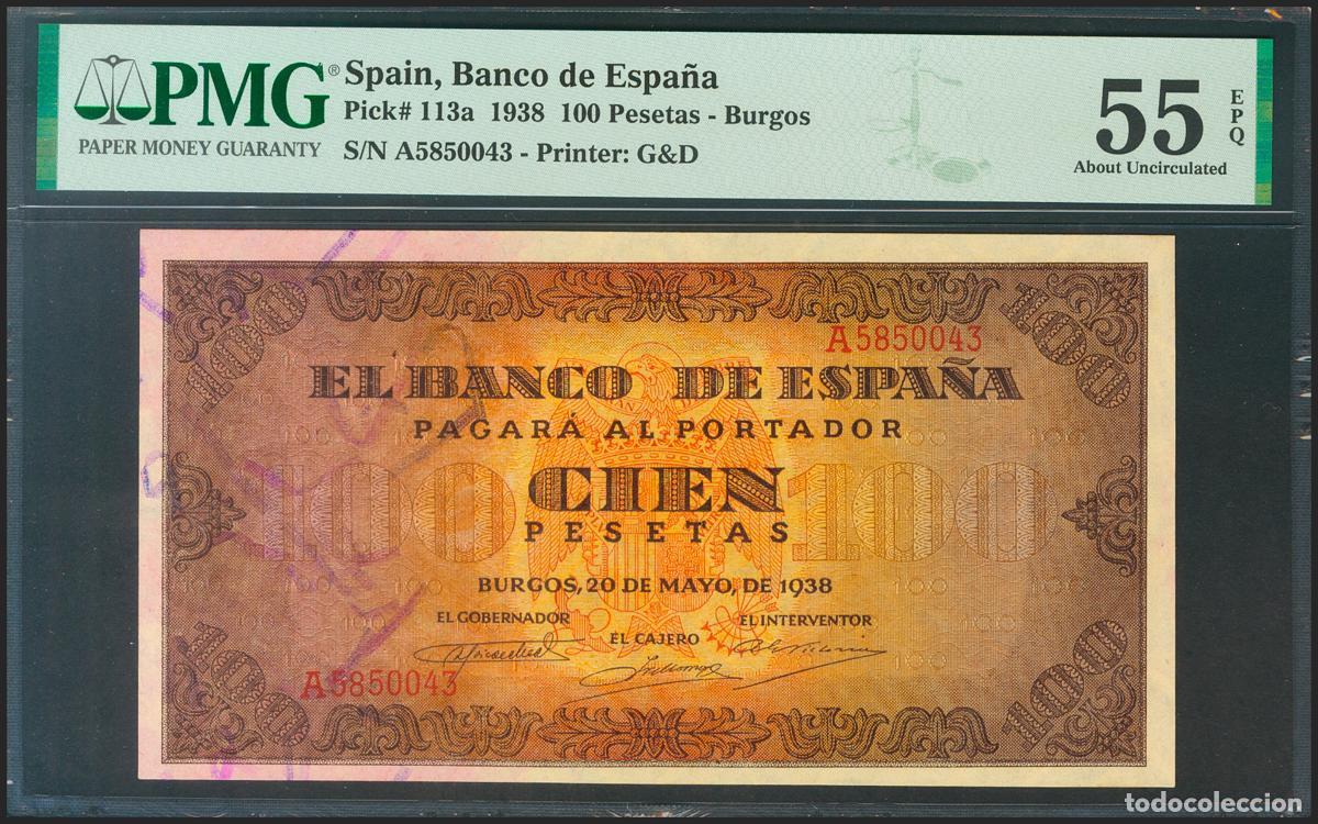 Notas espanholas: 100 Pesetas. 20 de Mayo de 1938. Serie A. (Edifil 2021: 432, Pick: 113a). Apresto original. EBC+. En