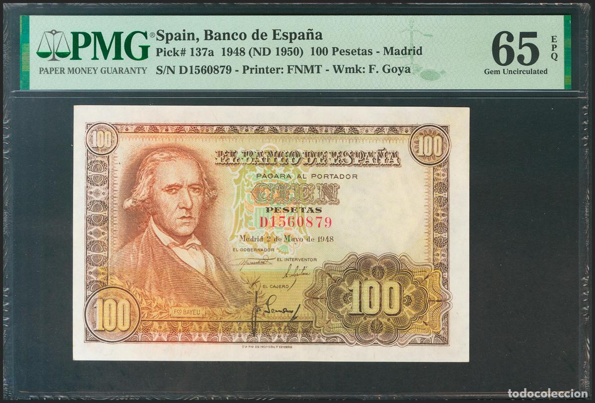 Notas espanholas: 100 Pesetas. 2 de Mayo de 1948. Serie D. (Edifil 2021: 456a, Pick: 137a). Raro en esta calidad, apre