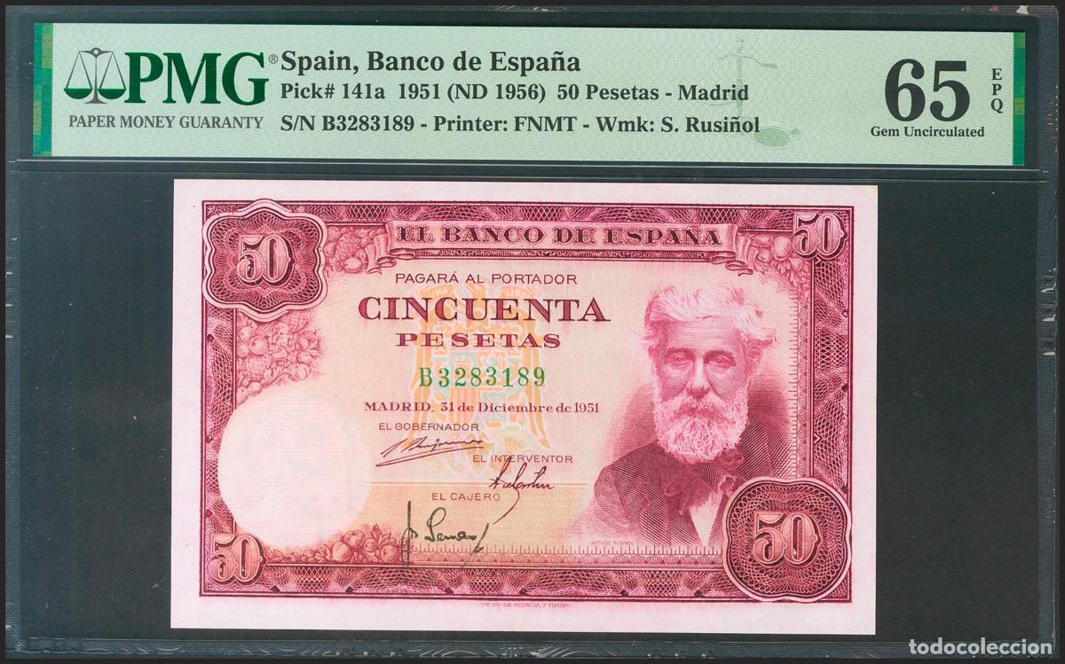 Notas espanholas: 50 Pesetas. 31 de Diciembre de 1951. Serie B. (Edifil 2021: 462a, Pick: 141a). Raro en esta calidad,