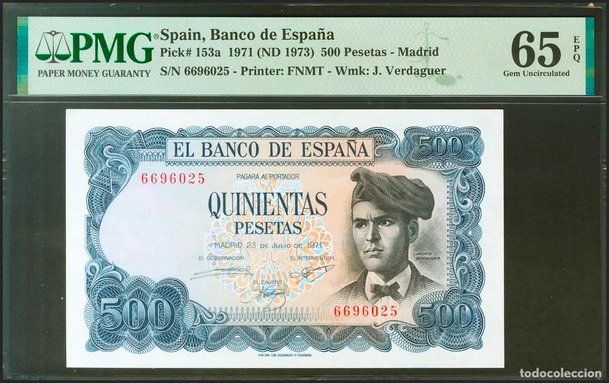 Notas espanholas: 500 Pesetas. 23 de Julio de 1971. Sin serie. (Edifil 2021: 473, Pick: 153a). Raro en esta calidad, a