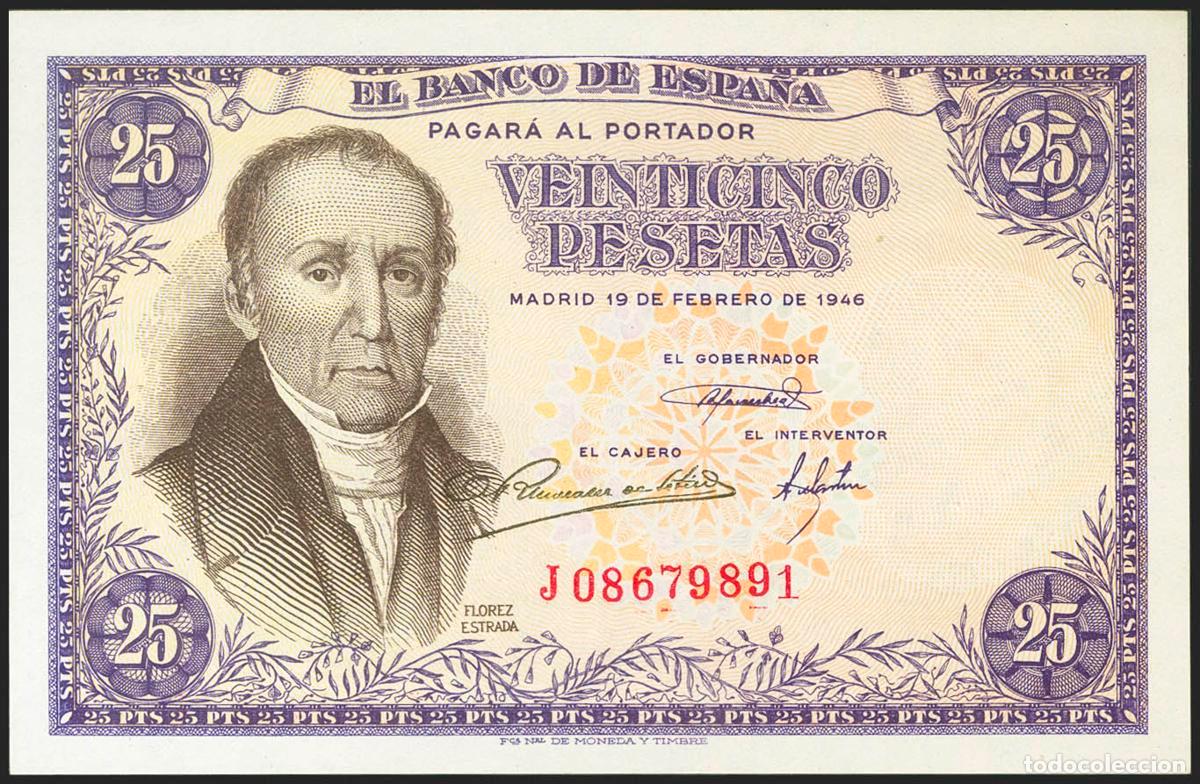 Notas espanholas: 25 Pesetas. 19 de Febrero de 1946. Serie J. (Edifil 2021: 450a). Apresto original. SC-.. 25 Pesetas.