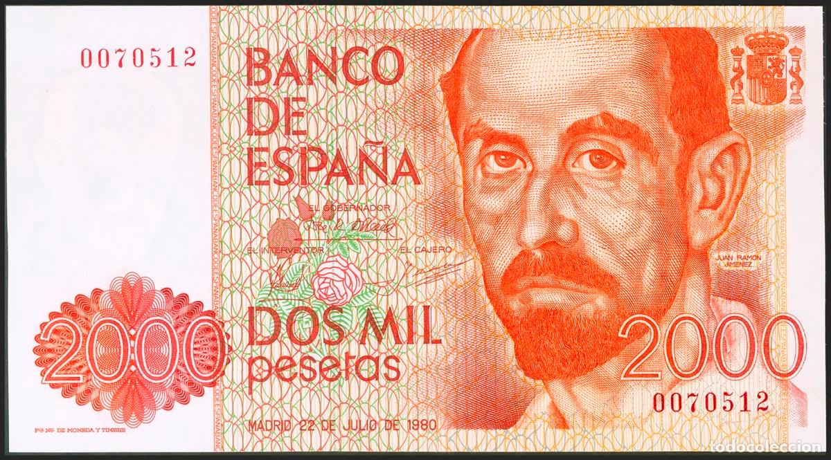 Notas espanholas: 2000 Pesetas. 22 de Julio de 1980. Sin serie y numeraci&oacute;n muy baja. (Edifil 2021: 479). SC.. 2000 Pe