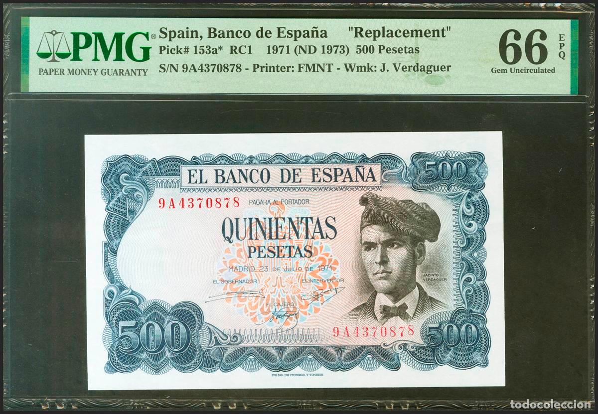 Notas espanholas: 500 Pesetas. 23 de Julio de 1971. Serie especial 9A. (Edifil 2021: 473b, Pick: 153a*). Raro en esta