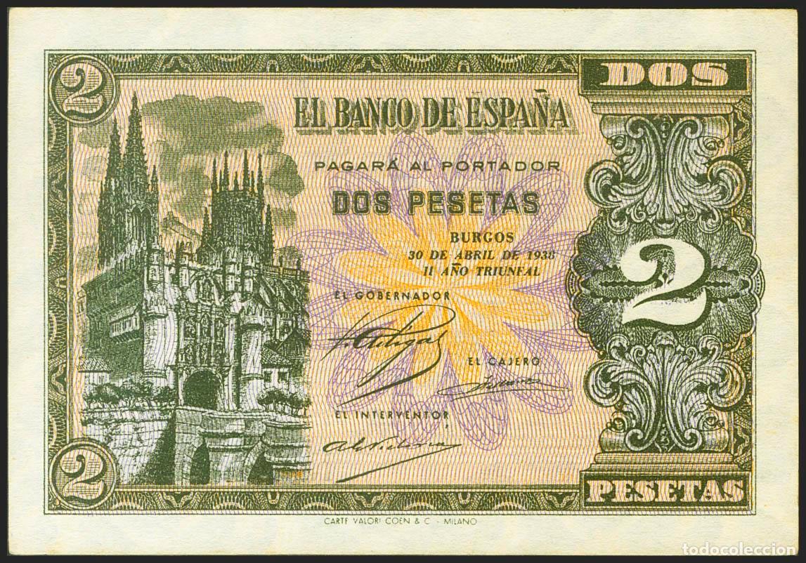 Notas espanholas: 2 Pesetas. 30 de Abril de 1938. Serie N, &uacute;ltima serie emitida. (Edifil 2021: 429a). Apresto original