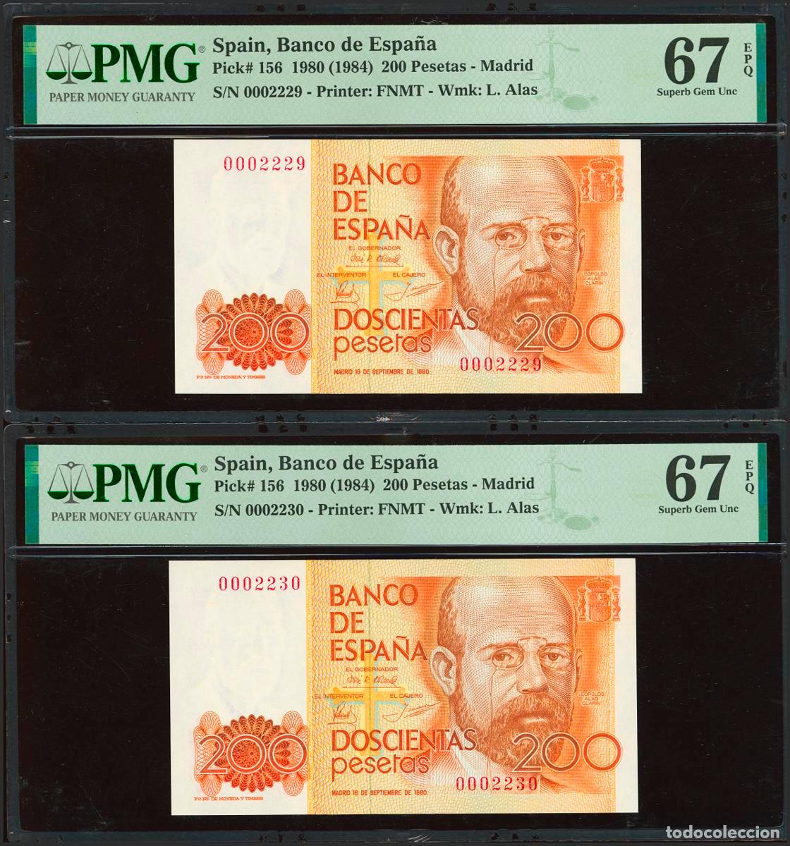 Notas espanholas: 200 Pesetas. 16 de Septiembre de 1980. Pareja correlativa. Sin serie y numeraci&oacute;n baj&iacute;sima. (Edifil