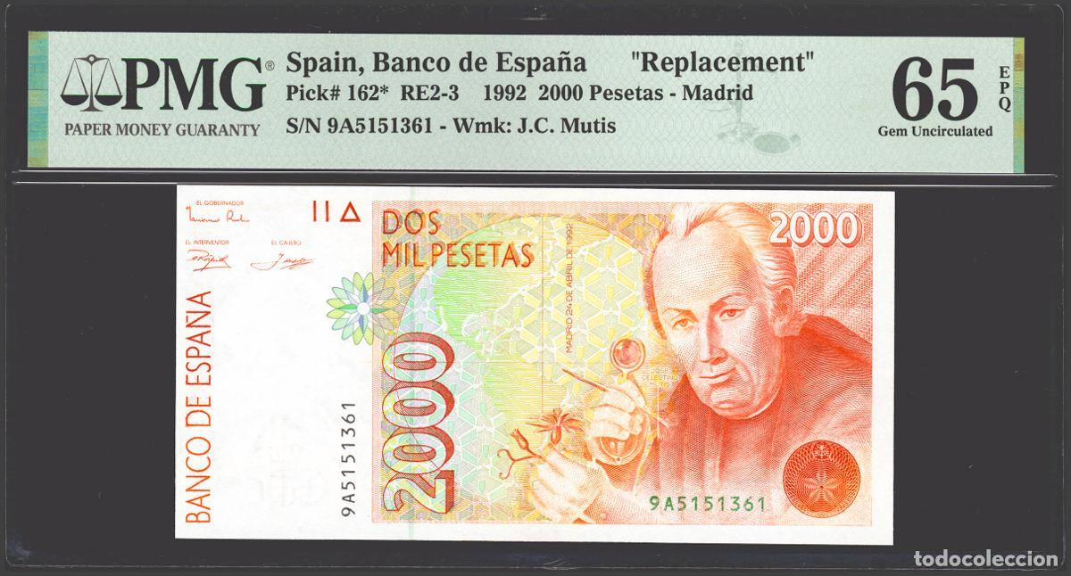 Notas espanholas: 2000 Pesetas. 24 de Abril de 1992. Serie especial 9A. (Edifil 2021: 482b, Pick: 162*). Inusual serie