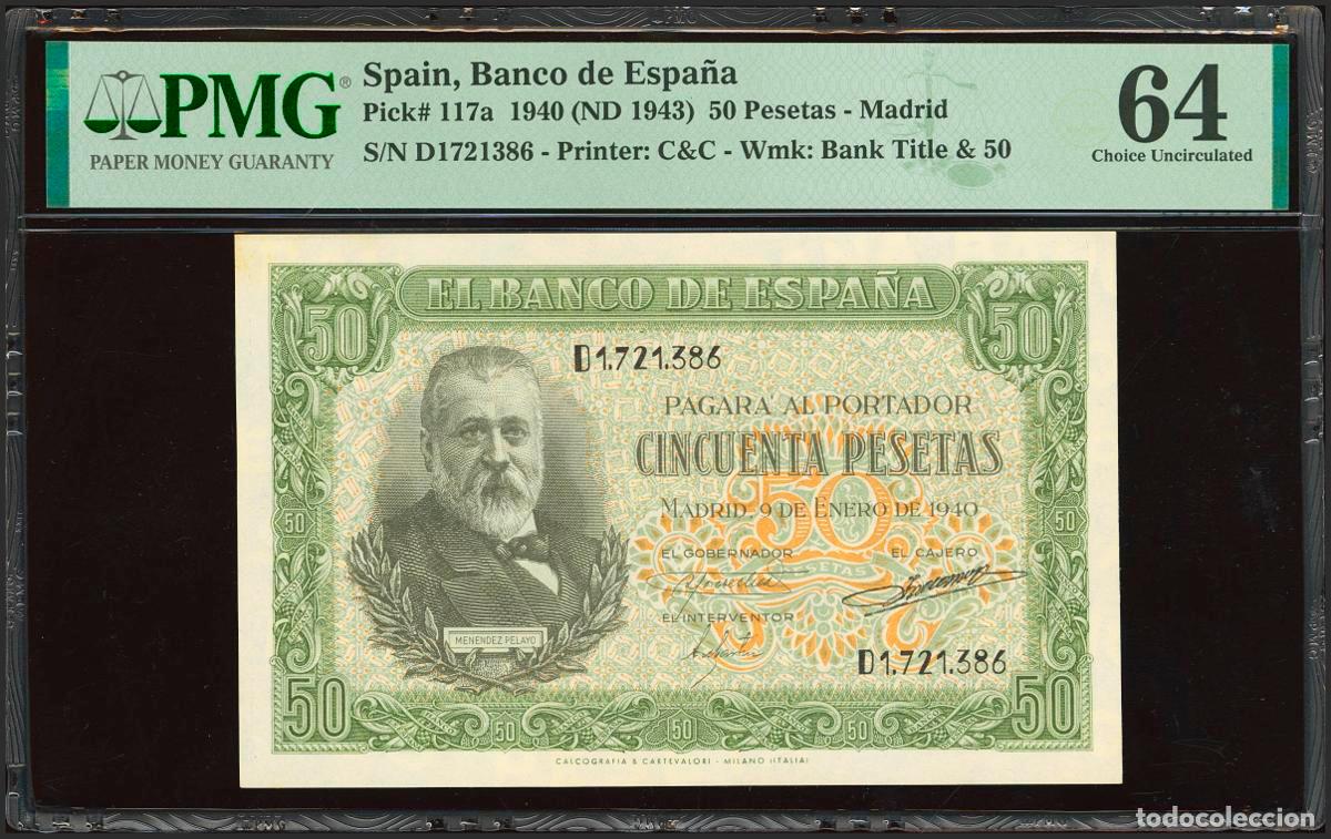 Notas espanholas: 50 Pesetas. 9 de Enero de 1940. Serie D. (Edifil 2021: 437a, Pick: 117a). SC. Encapsulado PMG64.. 50