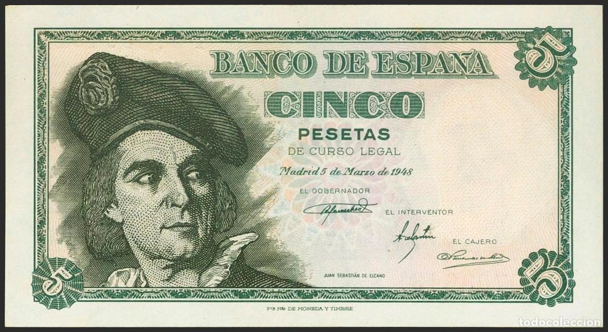 Billetes espa&ntilde;oles: 5 Pesetas. 5 de Marzo de 1948. Serie F. (Edifil 2021: 455a). Apresto original. SC.. 5 Pesetas. 5 de