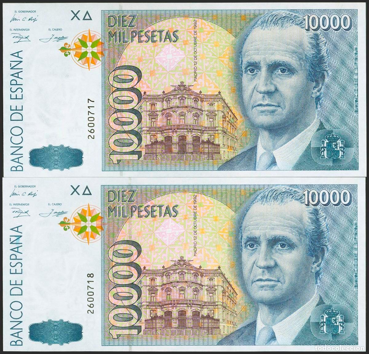 Billetes espa&ntilde;oles: 10000 Pesetas. 12 de Octubre de 1992. Pareja correlativa. Sin serie. (Edifil 2021: 485). SC.. 10000