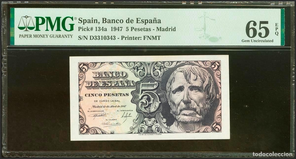 Billetes espa&ntilde;oles: 5 Pesetas. 12 de Abril de 1947. Serie D. (Edifil 2023: 454a, Pick: 134a). Raro en esta excepcional c