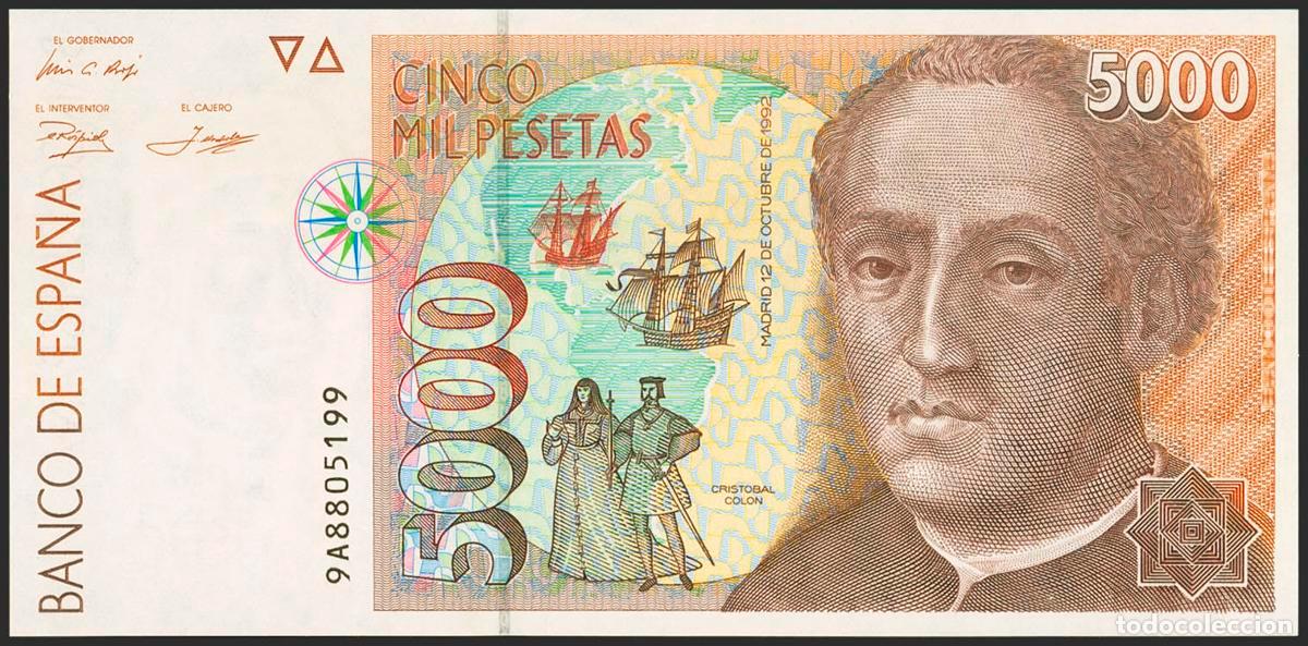 Billetes espa&ntilde;oles: 5000 Pesetas. 12 de Octubre de 1992. Serie especial 9A. (Edifil 2023: 484b). Raro y ondulaci&oacute;n natur