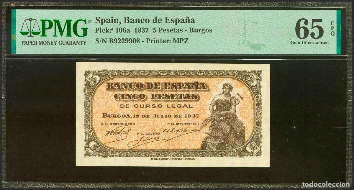 Billetes espa&ntilde;oles: 5 Pesetas. 18 de Julio de 1937. Serie B. (Edifil 2023: 424a, Pick: 106a). Inusual en esta calidad, a