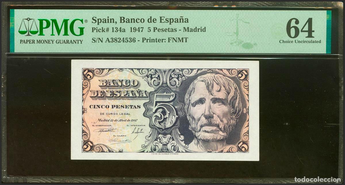 Billetes espa&ntilde;oles: 5 Pesetas. 12 de Abril de 1947. Serie A. (Edifil 2023: 454a, Pick: 134a). SC. Encapsulado PMG64.. 5