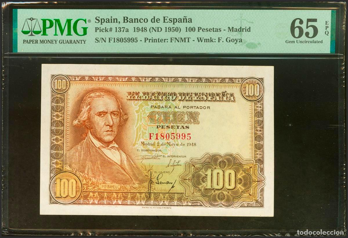 Billetes espa&ntilde;oles: 100 Pesetas. 2 de Mayo de 1948. Serie F. (Edifil 2023: 456a, Pick: 137a). Inusual en esta excepciona