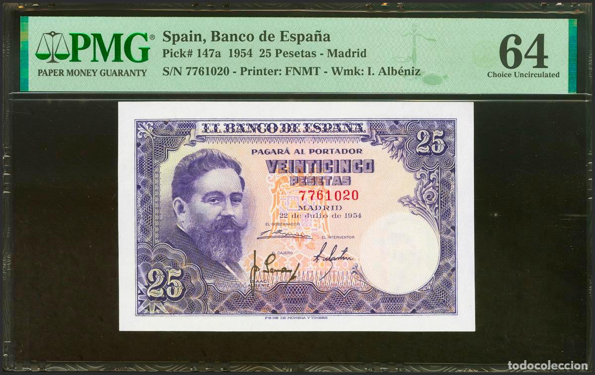 Billetes espa&ntilde;oles: 25 Pesetas. 22 de Julio de 1954. Sin serie. (Edifil 2023: 467, Pick: 147a). Inusual. SC. Encapsulado