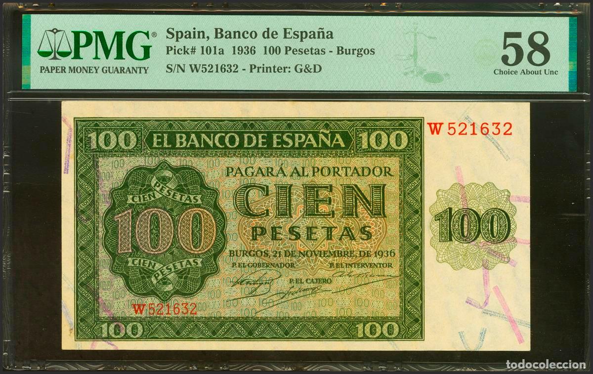 Billetes espa&ntilde;oles: 100 Pesetas. 21 de Noviembre de 1936. Serie W. (Edifil 2023: 421a, Pick: 101a). EBC++. Encapsulado P