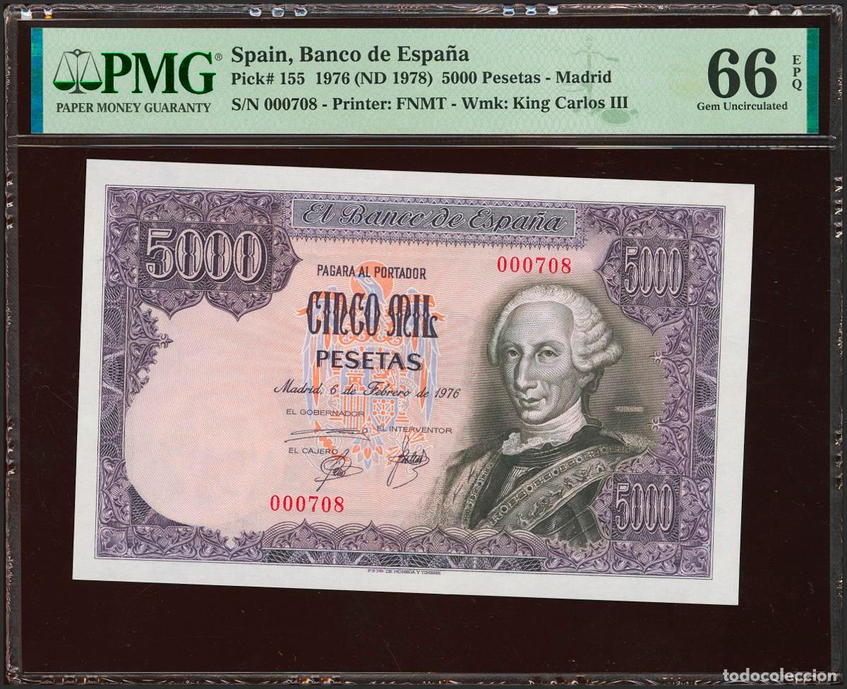 Billetes espa&ntilde;oles: 5000 Pesetas. 6 de Febrero de 1976. Sin serie y numeraci&oacute;n baj&iacute;sima (N&ordm;000708). (Edifil 2023: 475, P