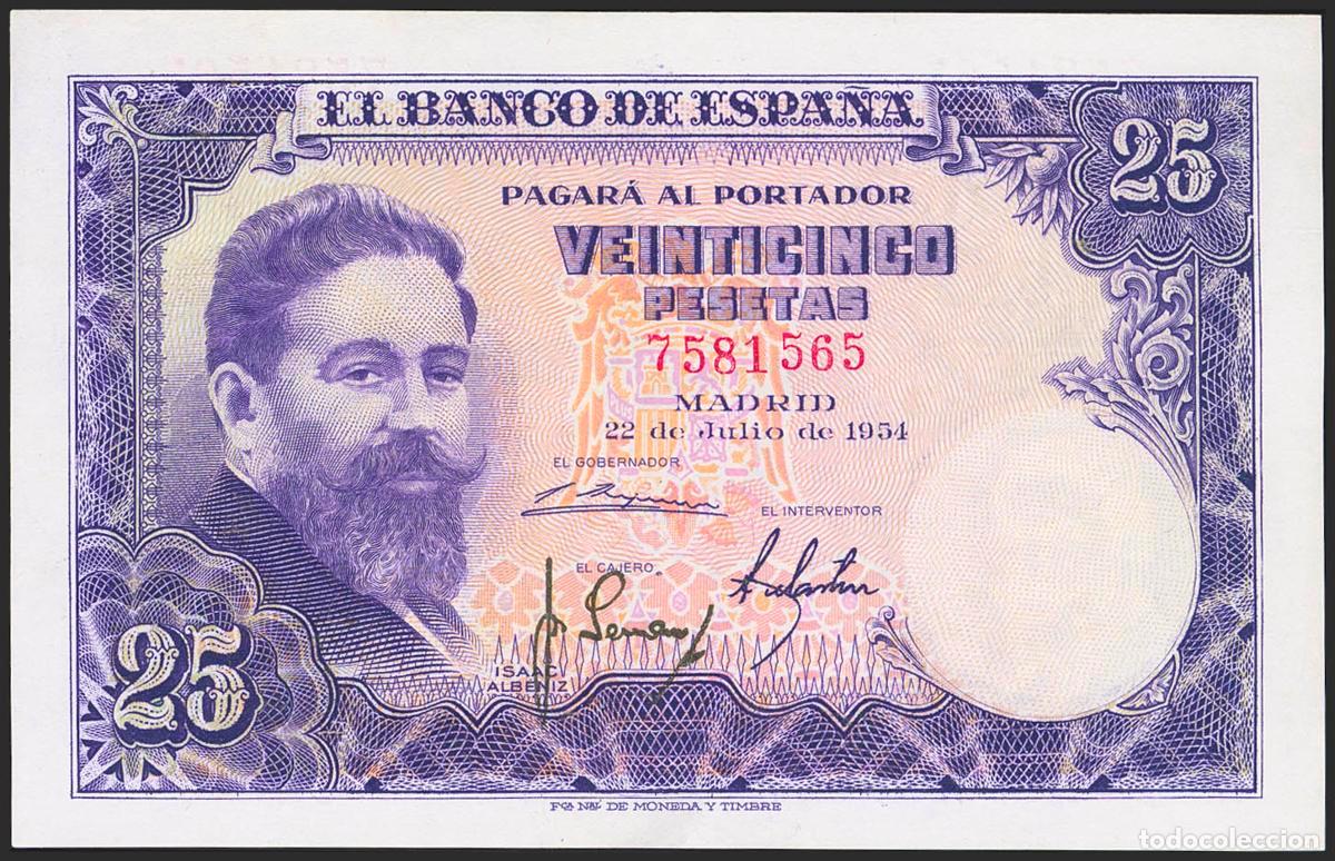 Billetes espa&ntilde;oles: 25 Pesetas. 22 de Julio de 1954. Sin serie. (Edifil 2023: 467). Inusual, conserva gran parte de su a