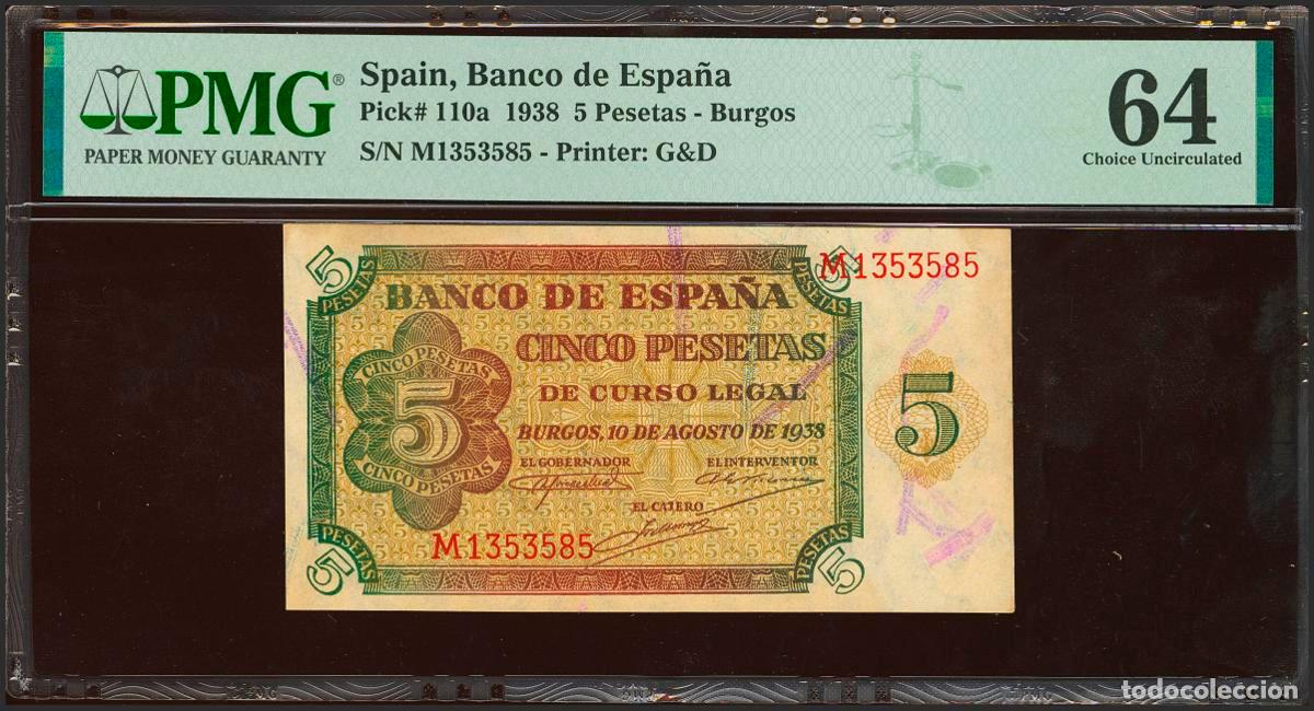 Billetes espa&ntilde;oles: 5 Pesetas. 10 de Agosto de 1938. Serie M, &uacute;ltima serie emitida. (Edifil 2023: 435b, Pick: 110a). Rar