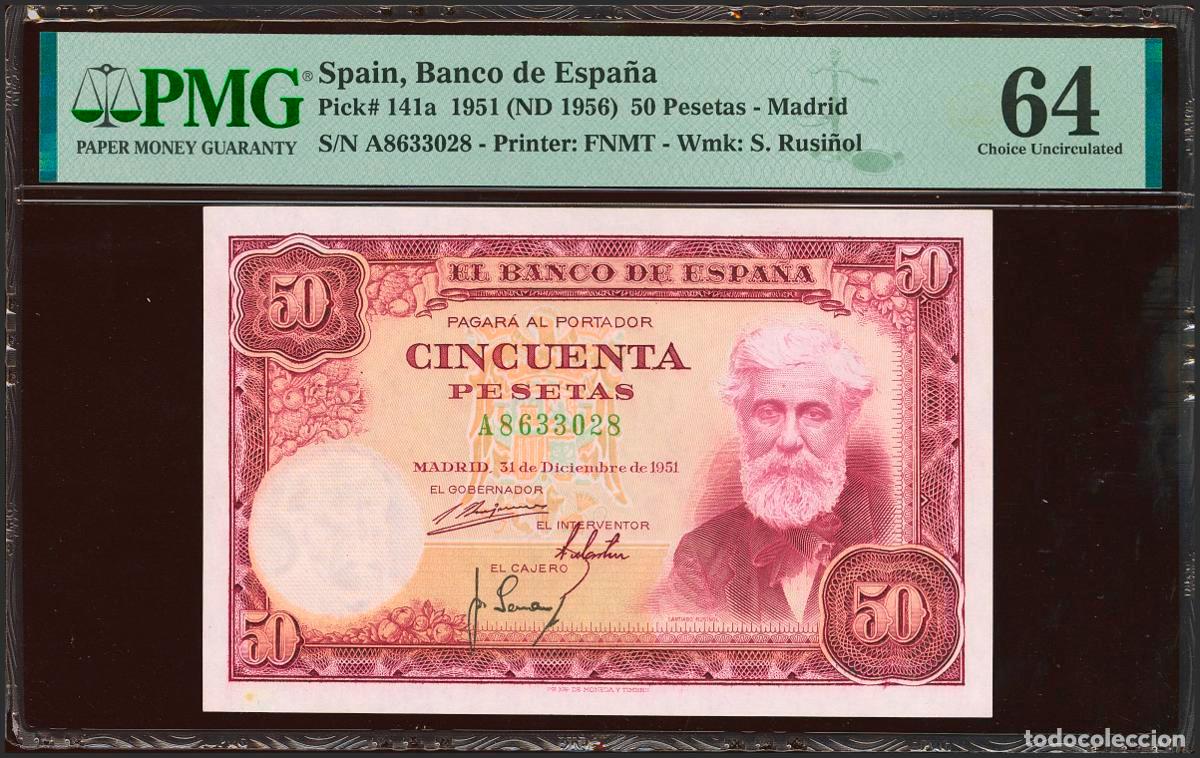 Billetes espa&ntilde;oles: 50 Pesetas. 31 de Diciembre de 1951. Serie A. (Edifil 2023: 462a, Pick: 141a). SC. Encapsulado PMG64