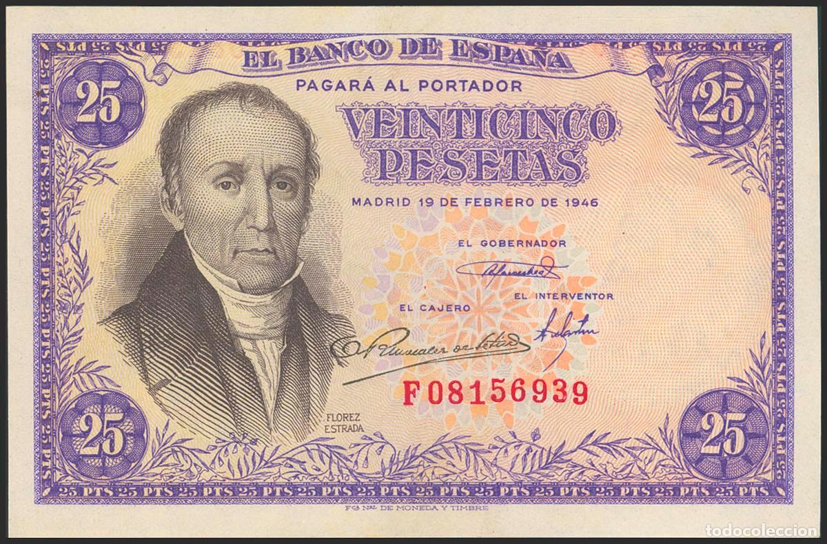 Billetes espa&ntilde;oles: 25 Pesetas. 19 de Febrero de 1946. Serie F. (Edifil 2023: 450a). Apresto original. SC-.. 25 Pesetas.