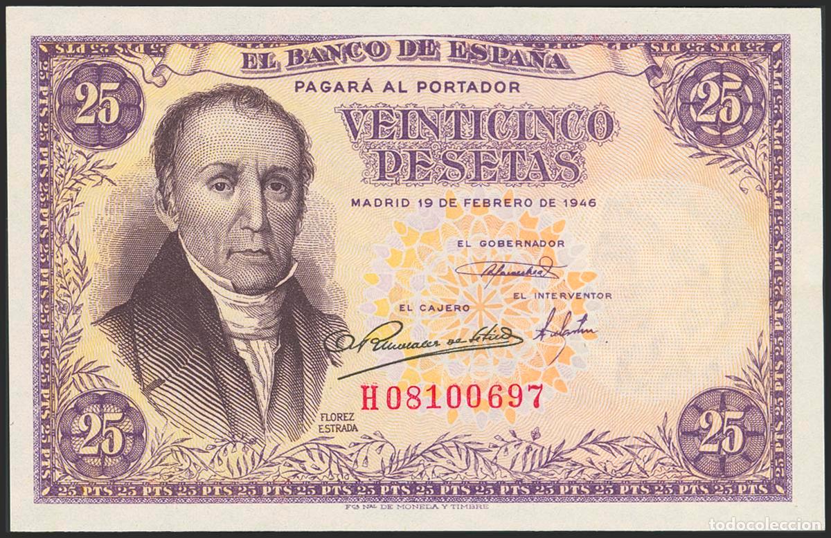 Billetes espa&ntilde;oles: 25 Pesetas. 19 de Febrero de 1946. Serie H. (Edifil 2023: 450a). Apresto original. SC.. 25 Pesetas.