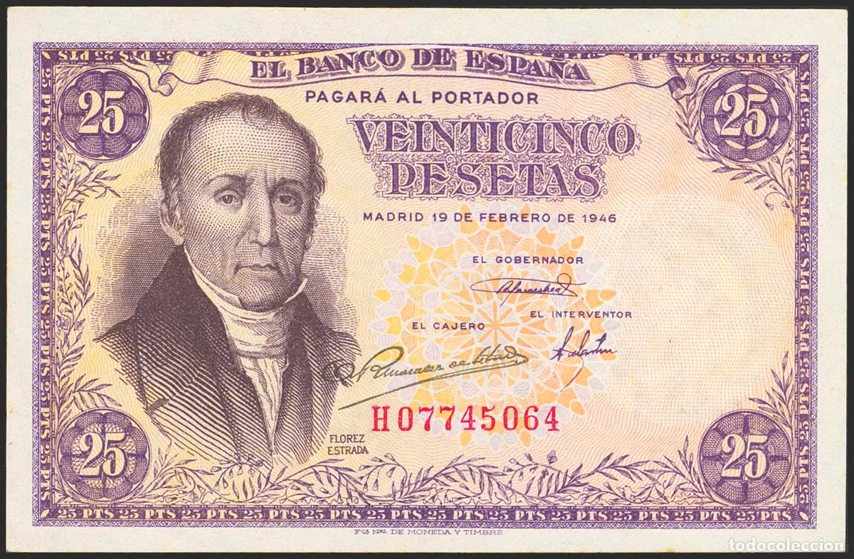 Billetes espa&ntilde;oles: 25 Pesetas. 19 de Febrero de 1946. Serie H. (Edifil 2023: 450a). Apresto original. SC-.. 25 Pesetas.