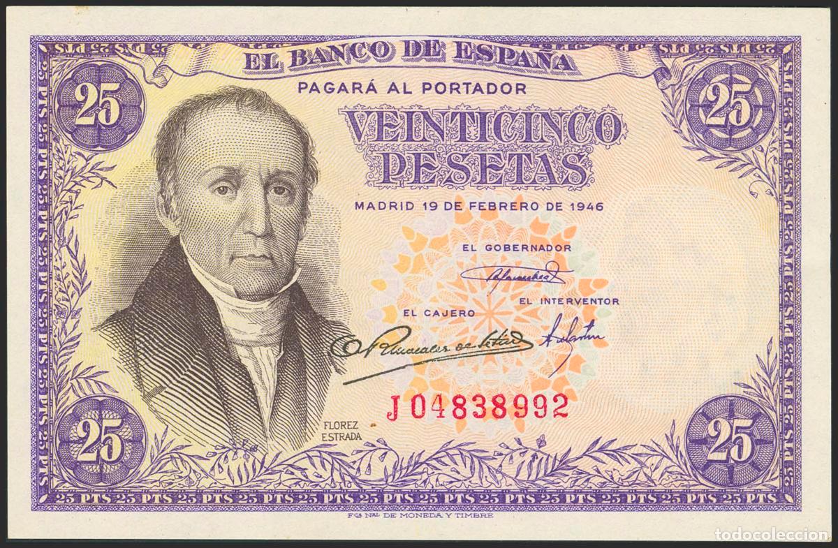 Notas espanholas: 25 Pesetas. 19 de Febrero de 1946. Serie J. (Edifil 2023: 450a). Apresto original. SC.. 25 Pesetas.